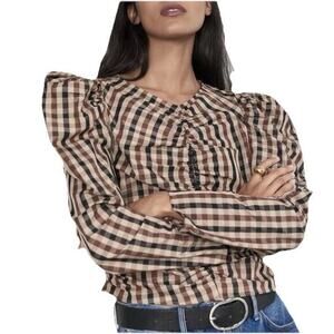 Zara Sz M Checkered Plaid Academia Preppy Ruched Cropped Classic‎ Long Sleeved